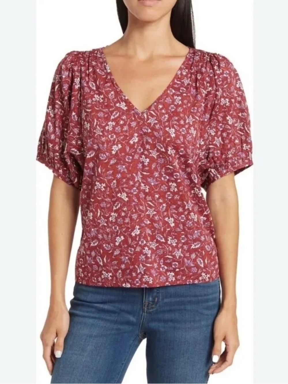 Madewell v-neck puff sleeve top in floral Batik Vine weathered brick XS